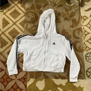 Adidas Cropped White Hoodie with Black Logo Tag